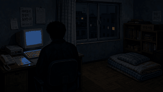 1997년 한국의 방, CRT 모니터 앞에 앉은 사람을 담은 개발 중 장면 아트