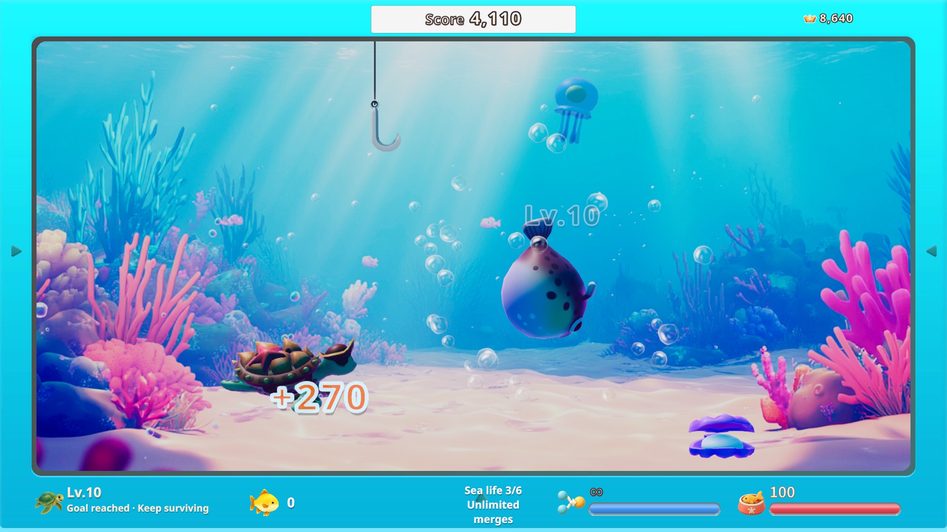 A turtle, pufferfish, jellyfish, and clam moving through the water in Turtle Game