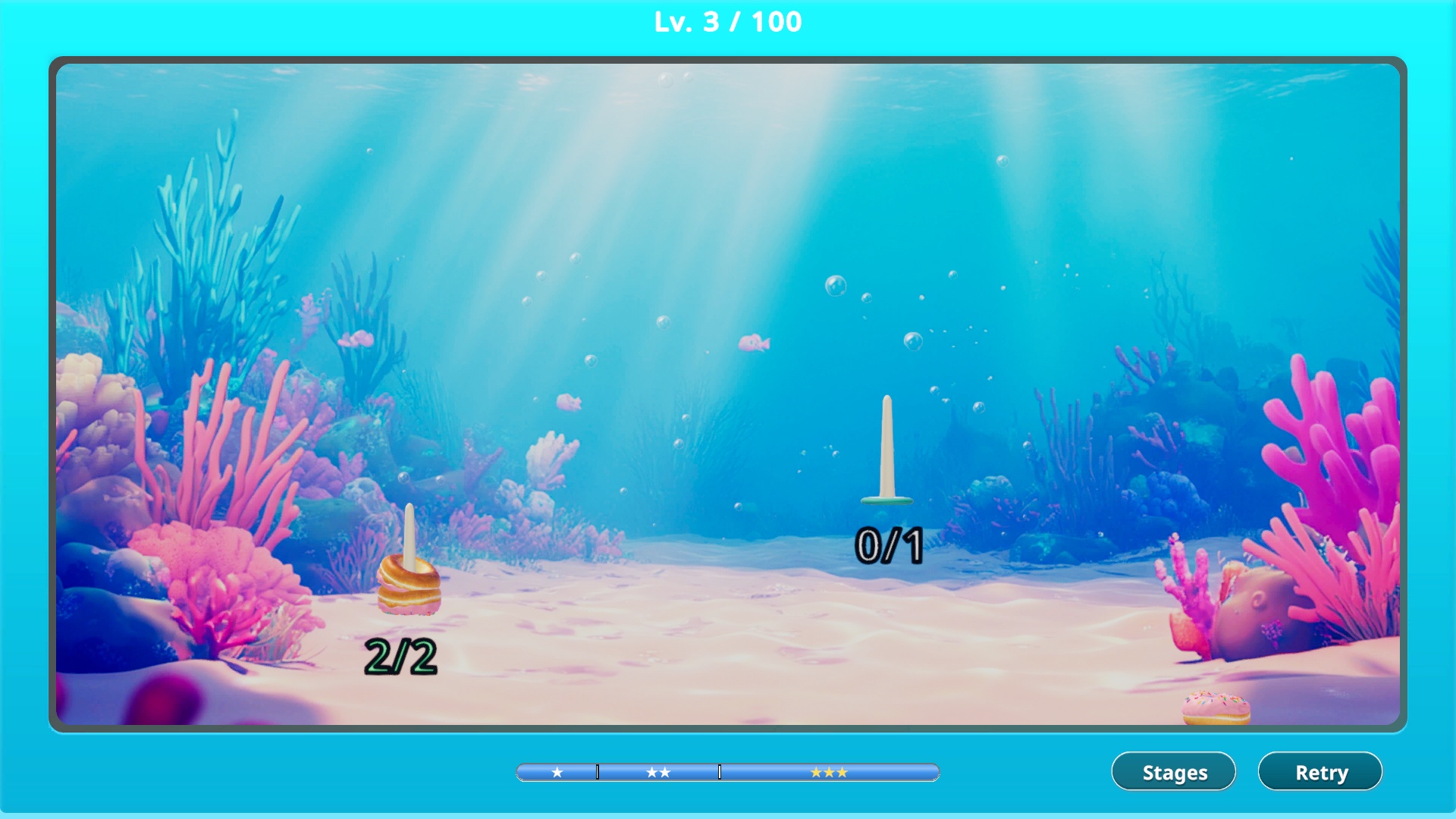 Actual ring-toss gameplay with donut-shaped rings and underwater pegs