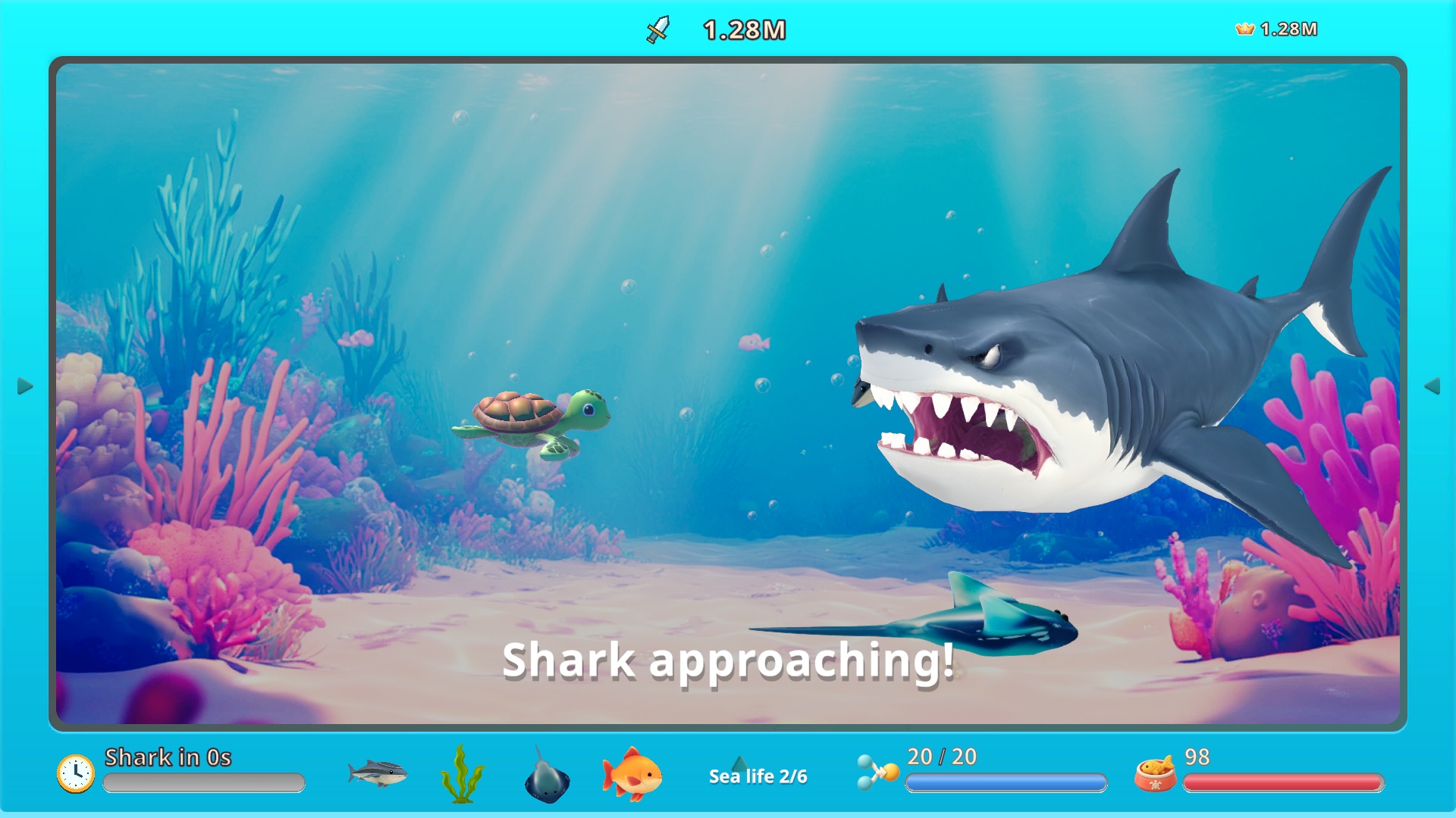 Actual Shark Challenge gameplay showing a giant shark and the selected creature team
